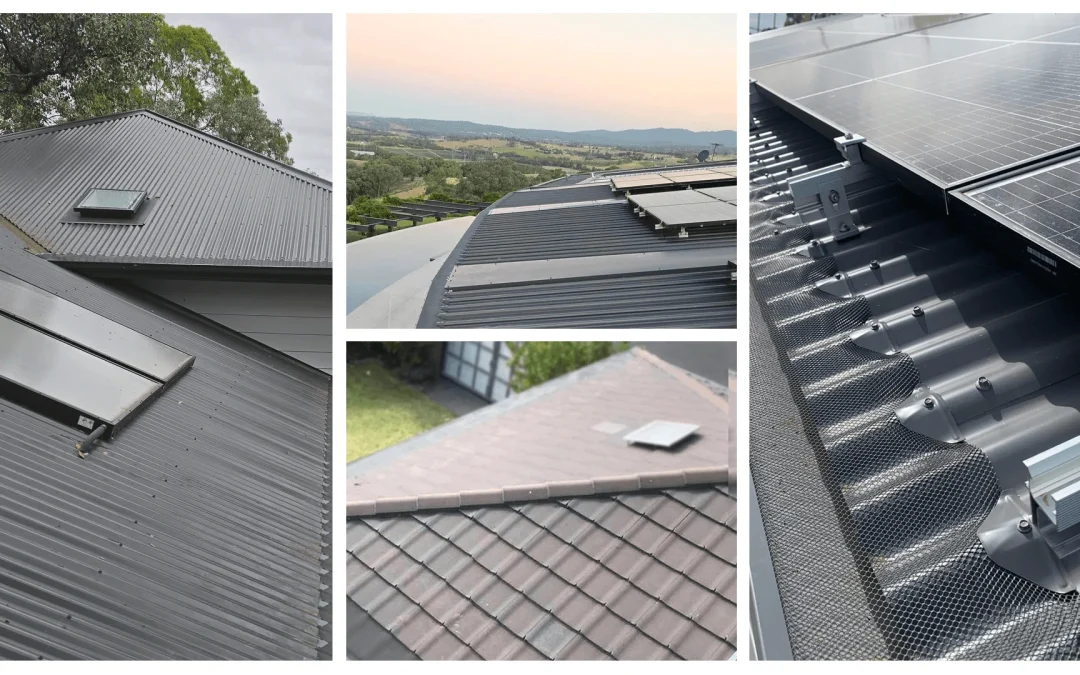 Gutter guard mesh installed on roof with solar panels