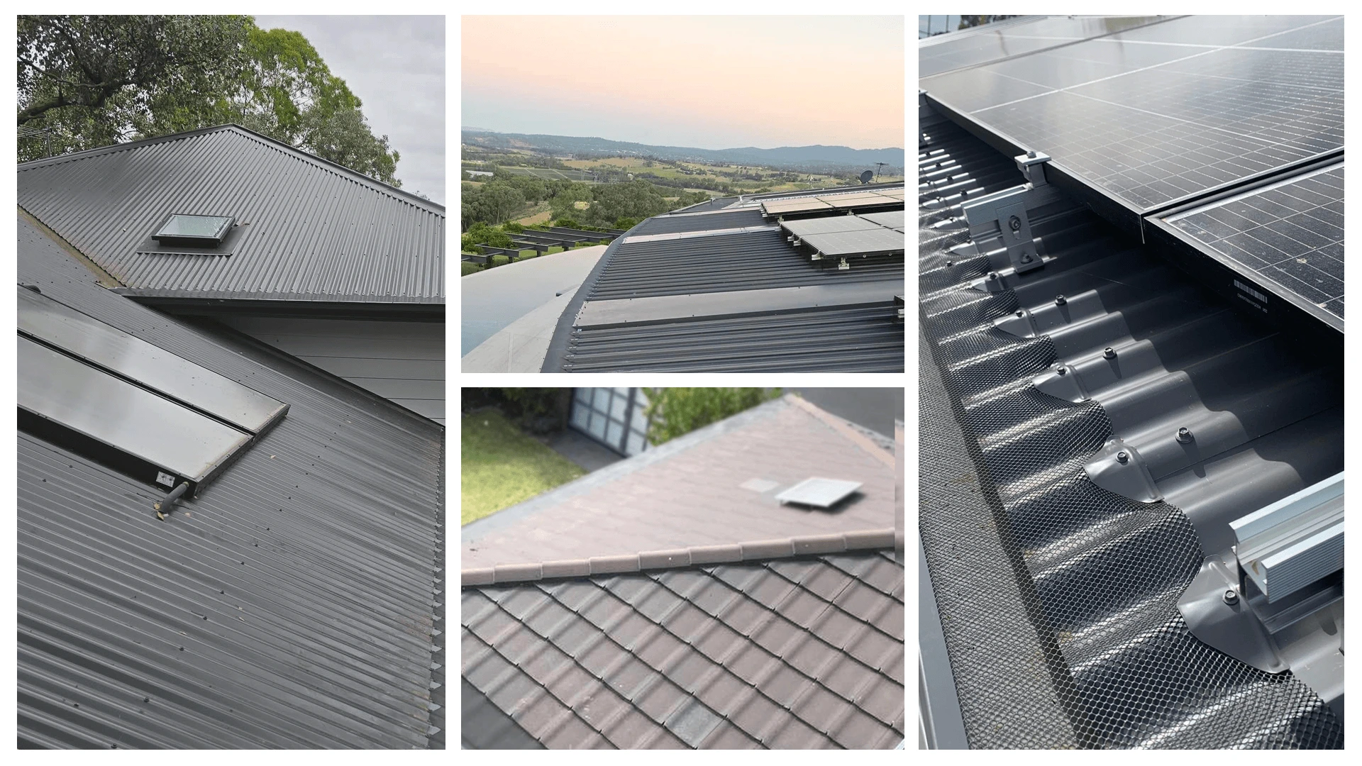 Gutter guard mesh installed on roof with solar panels